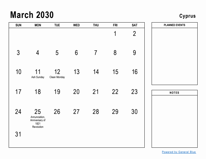 March 2030 Printable Monthly Calendar with Cyprus Holidays