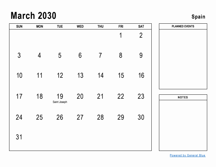 March 2030 Printable Monthly Calendar with Spain Holidays