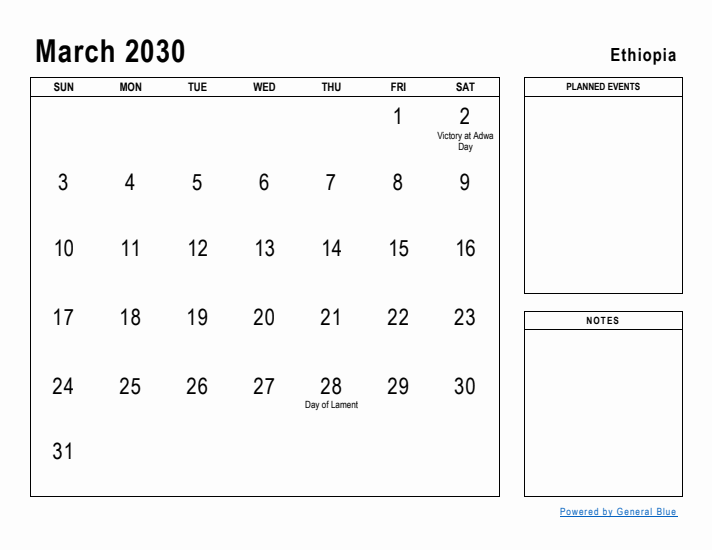 March 2030 Printable Monthly Calendar with Ethiopia Holidays