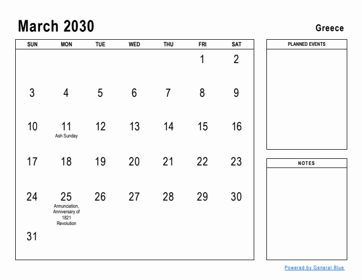 March 2030 Printable Monthly Calendar with Greece Holidays