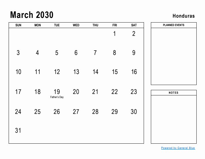 March 2030 Printable Monthly Calendar with Honduras Holidays