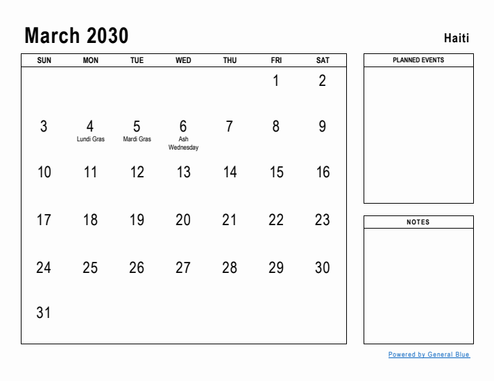 March 2030 Printable Monthly Calendar with Haiti Holidays