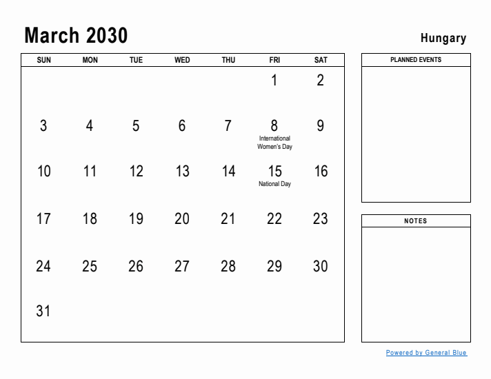 March 2030 Printable Monthly Calendar with Hungary Holidays