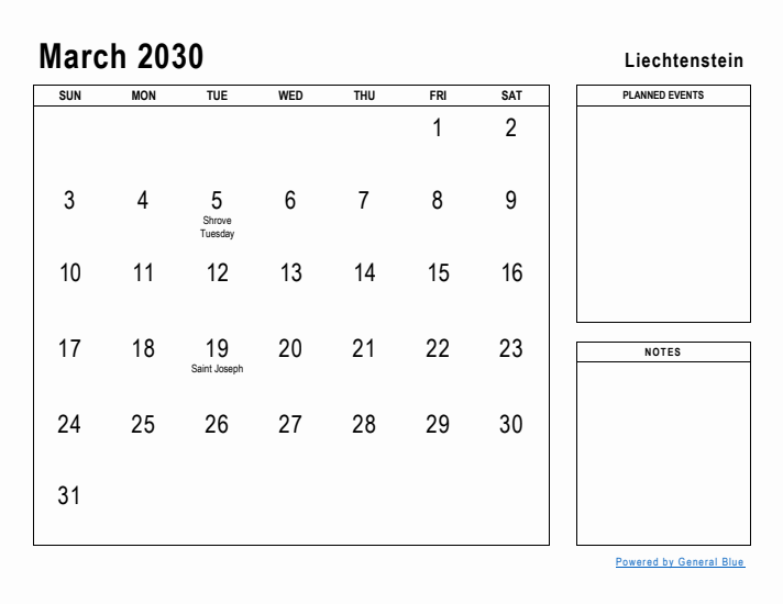 March 2030 Printable Monthly Calendar with Liechtenstein Holidays