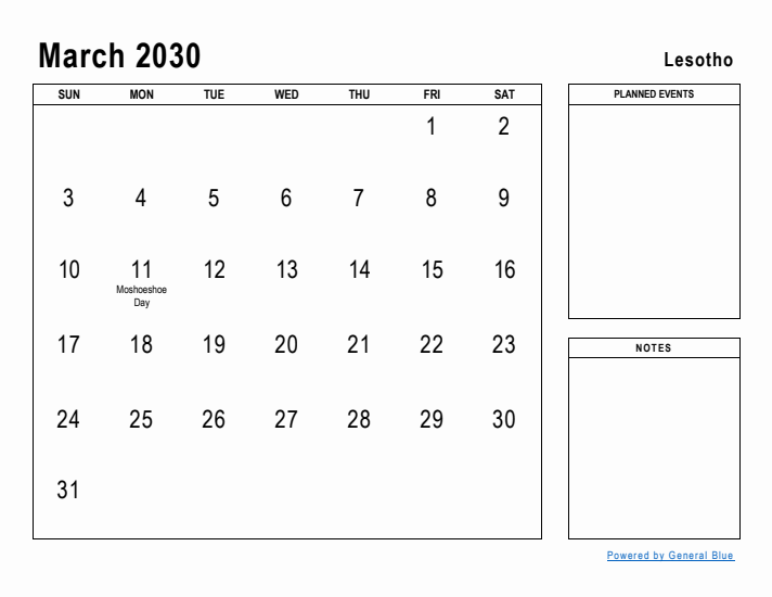 March 2030 Printable Monthly Calendar with Lesotho Holidays