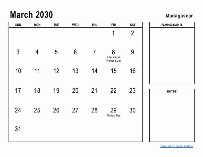 March 2030 Printable Monthly Calendar with Madagascar Holidays