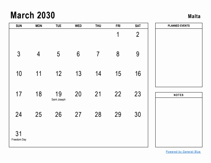 March 2030 Printable Monthly Calendar with Malta Holidays