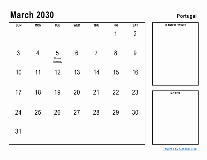 March 2030 Printable Monthly Calendar with Portugal Holidays