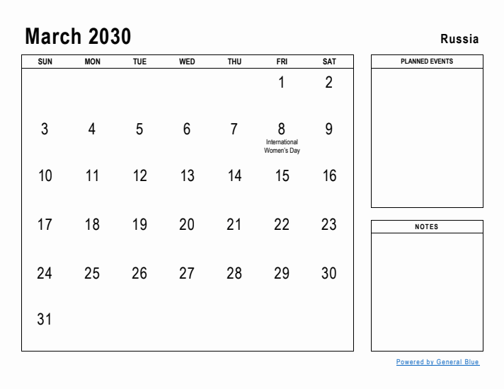 March 2030 Printable Monthly Calendar with Russia Holidays