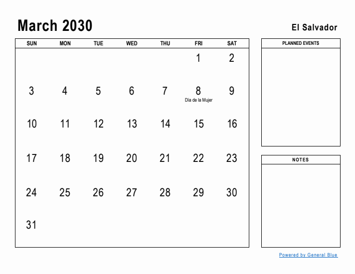 March 2030 Printable Monthly Calendar with El Salvador Holidays