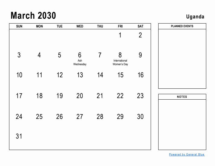 March 2030 Printable Monthly Calendar with Uganda Holidays