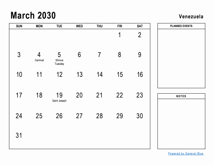 March 2030 Printable Monthly Calendar with Venezuela Holidays