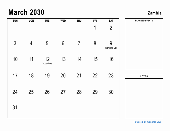 March 2030 Printable Monthly Calendar with Zambia Holidays