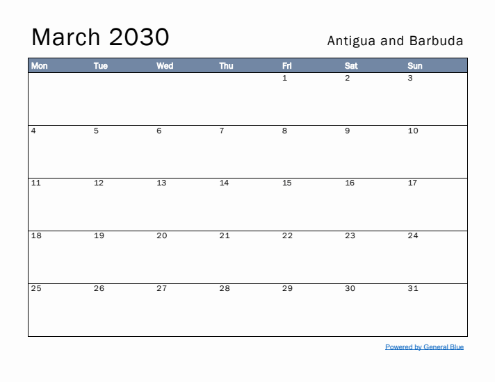 March 2030 Simple Monthly Calendar for Antigua and Barbuda