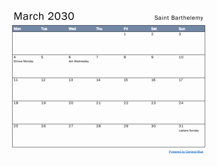 March 2030 Simple Monthly Calendar for Saint Barthelemy