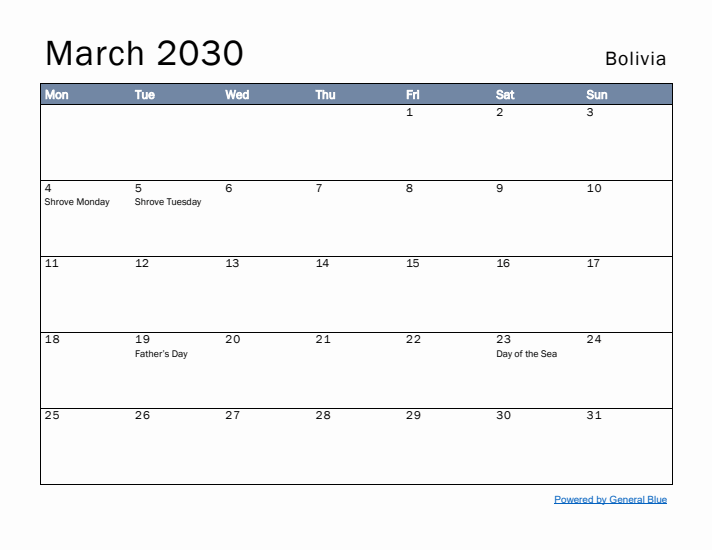 March 2030 Simple Monthly Calendar for Bolivia