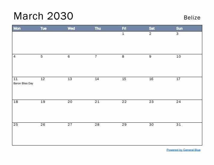 March 2030 Simple Monthly Calendar for Belize