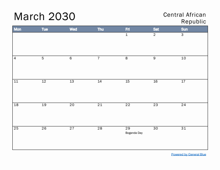 March 2030 Simple Monthly Calendar for Central African Republic