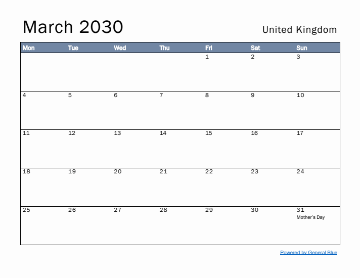 March 2030 Simple Monthly Calendar for United Kingdom