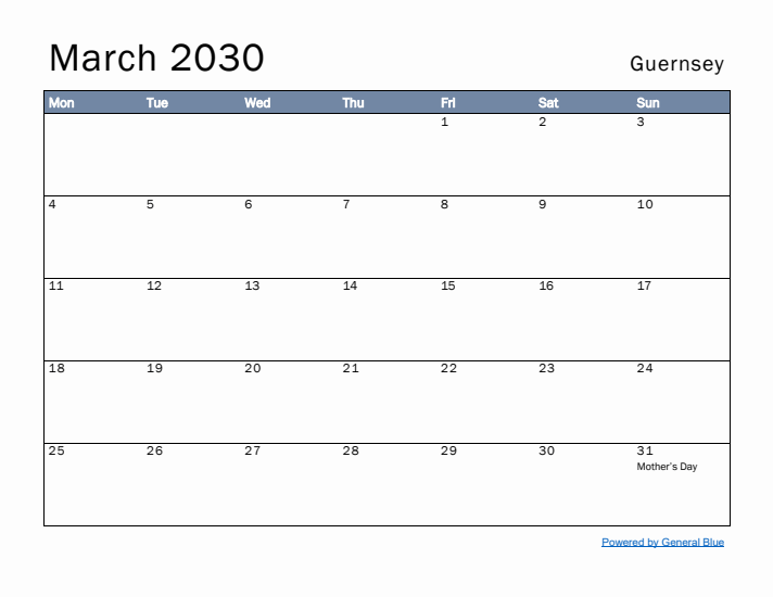 March 2030 Simple Monthly Calendar for Guernsey