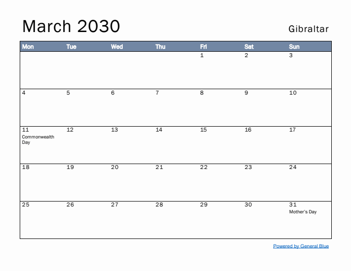 March 2030 Simple Monthly Calendar for Gibraltar