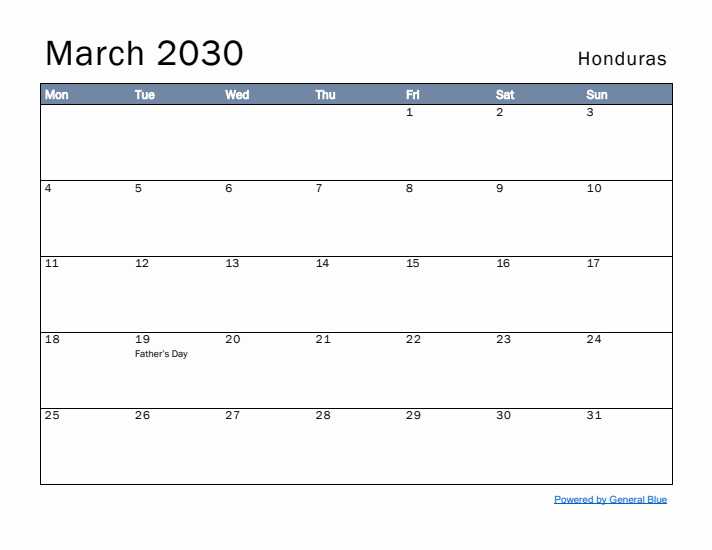 March 2030 Simple Monthly Calendar for Honduras