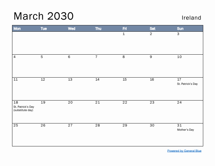 March 2030 Simple Monthly Calendar for Ireland