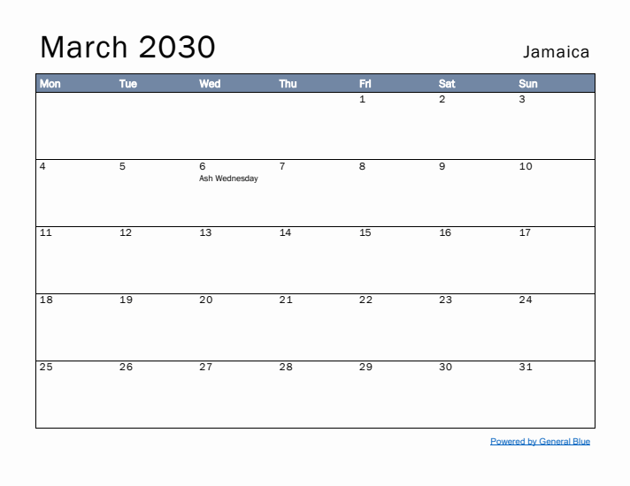 March 2030 Simple Monthly Calendar for Jamaica