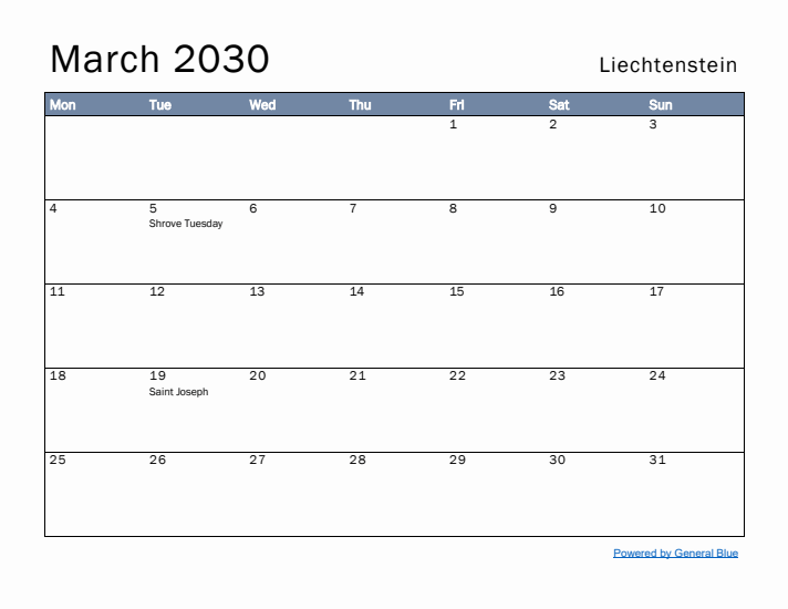 March 2030 Simple Monthly Calendar for Liechtenstein