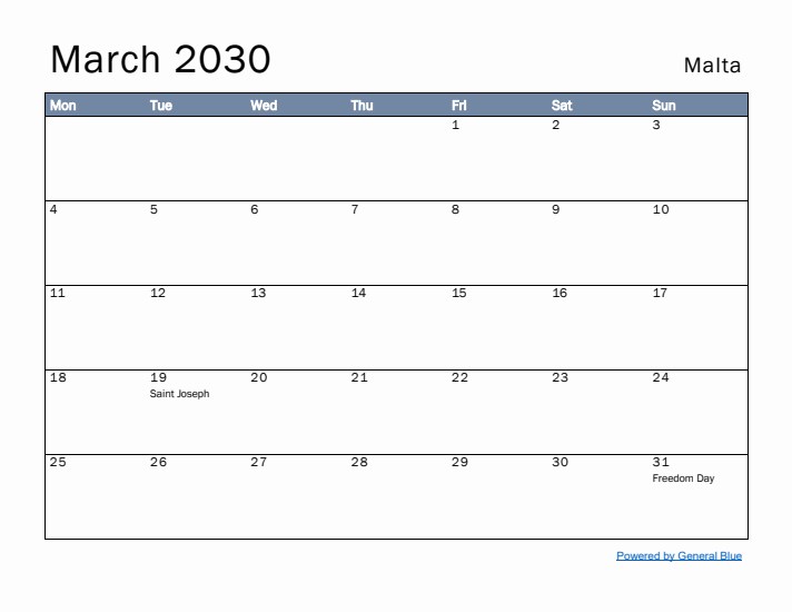 March 2030 Simple Monthly Calendar for Malta