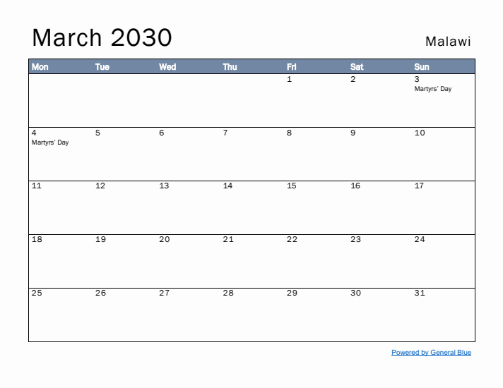 March 2030 Simple Monthly Calendar for Malawi