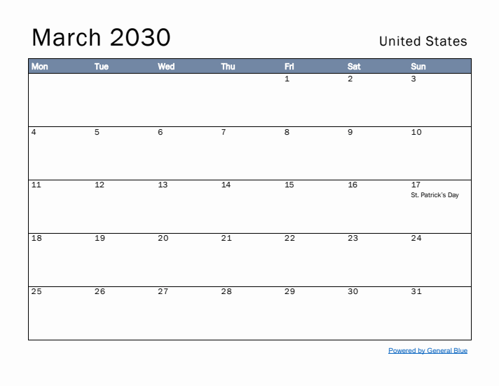 March 2030 Simple Monthly Calendar for United States