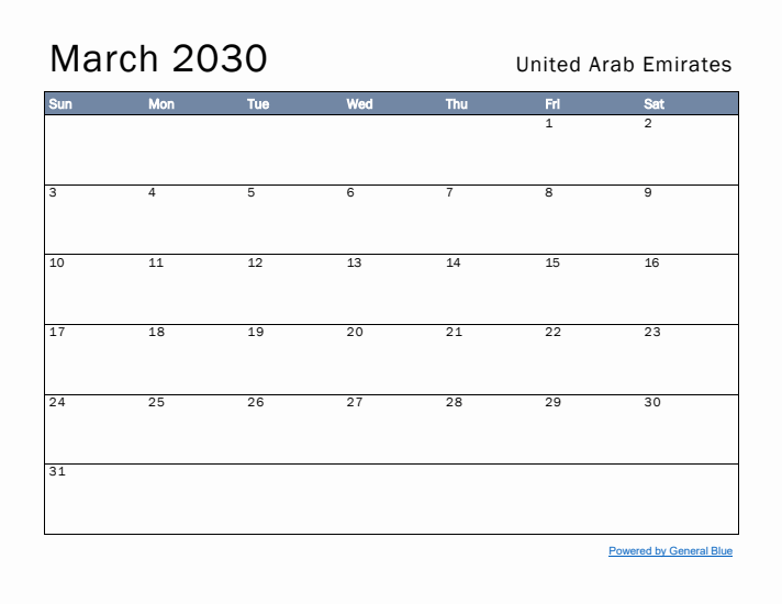 March 2030 Simple Monthly Calendar for United Arab Emirates