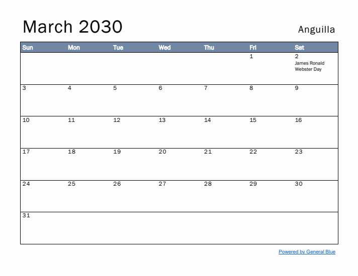 March 2030 Simple Monthly Calendar for Anguilla