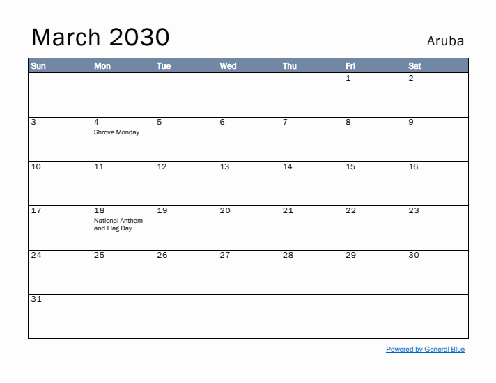 March 2030 Simple Monthly Calendar for Aruba