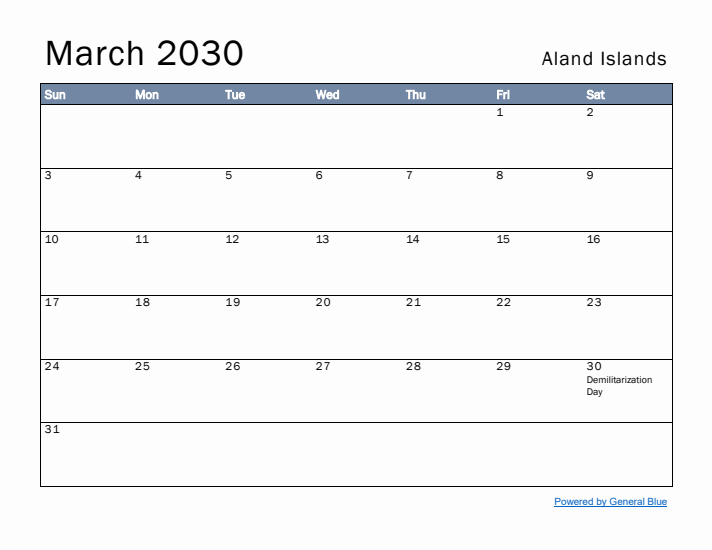 March 2030 Simple Monthly Calendar for Aland Islands