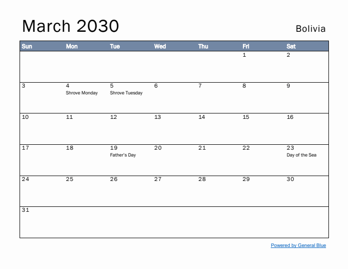 March 2030 Simple Monthly Calendar for Bolivia