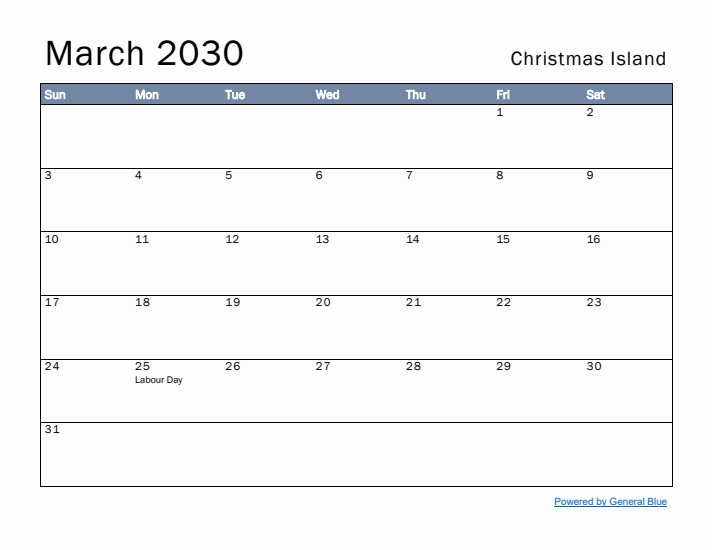 March 2030 Simple Monthly Calendar for Christmas Island