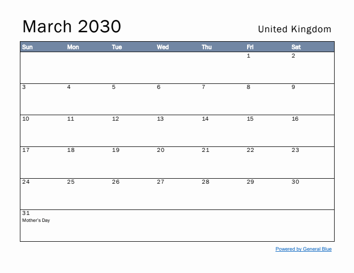 March 2030 Simple Monthly Calendar for United Kingdom