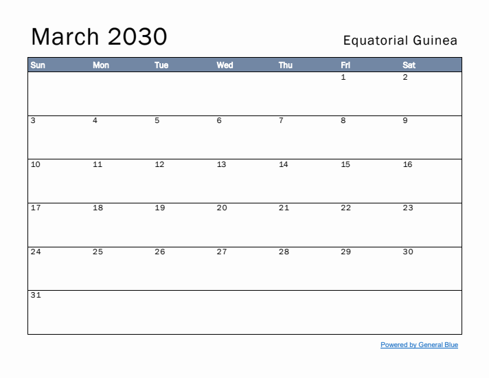 March 2030 Simple Monthly Calendar for Equatorial Guinea