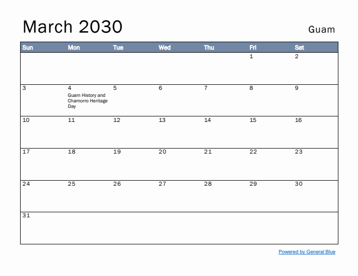 March 2030 Simple Monthly Calendar for Guam