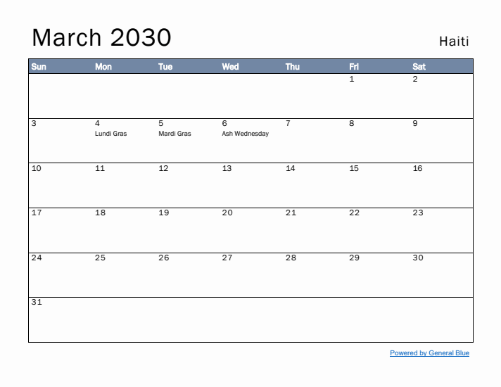 March 2030 Simple Monthly Calendar for Haiti