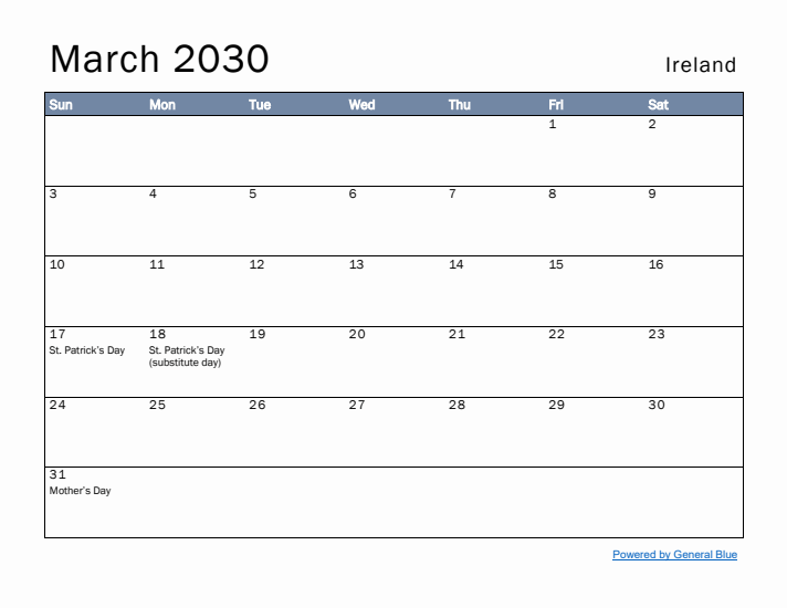 March 2030 Simple Monthly Calendar for Ireland