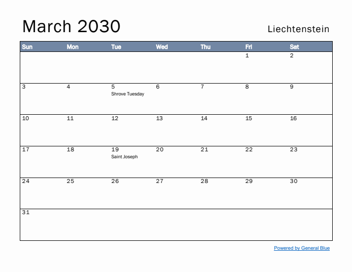 March 2030 Simple Monthly Calendar for Liechtenstein