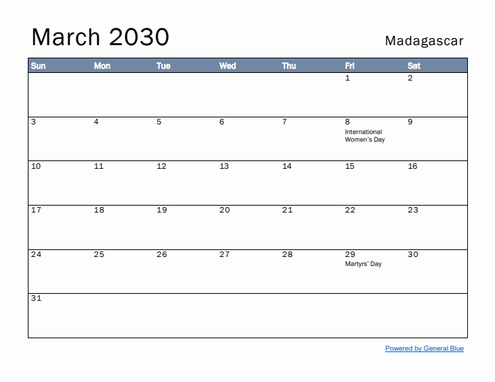 March 2030 Simple Monthly Calendar for Madagascar