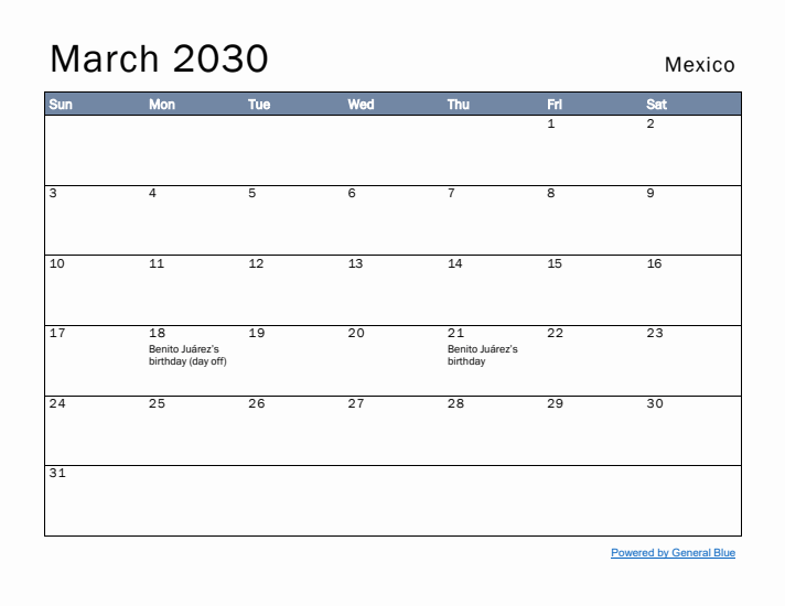 March 2030 Simple Monthly Calendar for Mexico