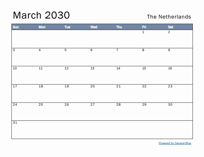 March 2030 Simple Monthly Calendar for The Netherlands