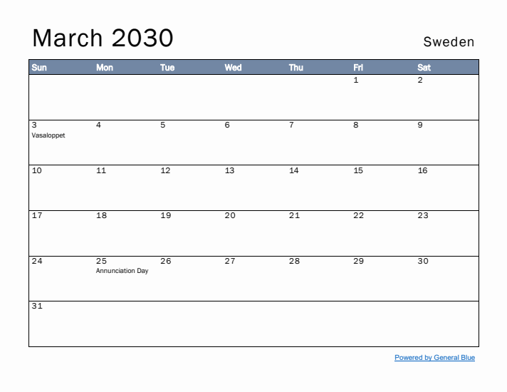 March 2030 Simple Monthly Calendar for Sweden