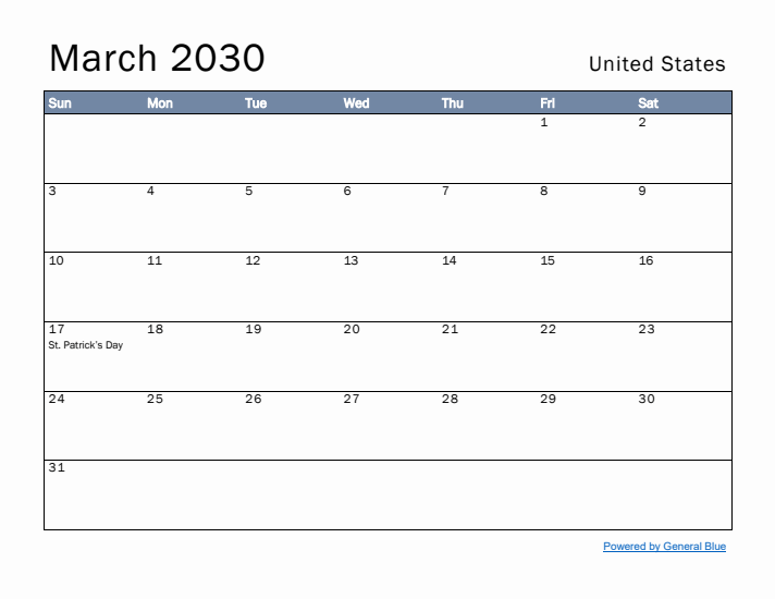 March 2030 Simple Monthly Calendar for United States