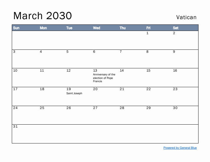 March 2030 Simple Monthly Calendar for Vatican